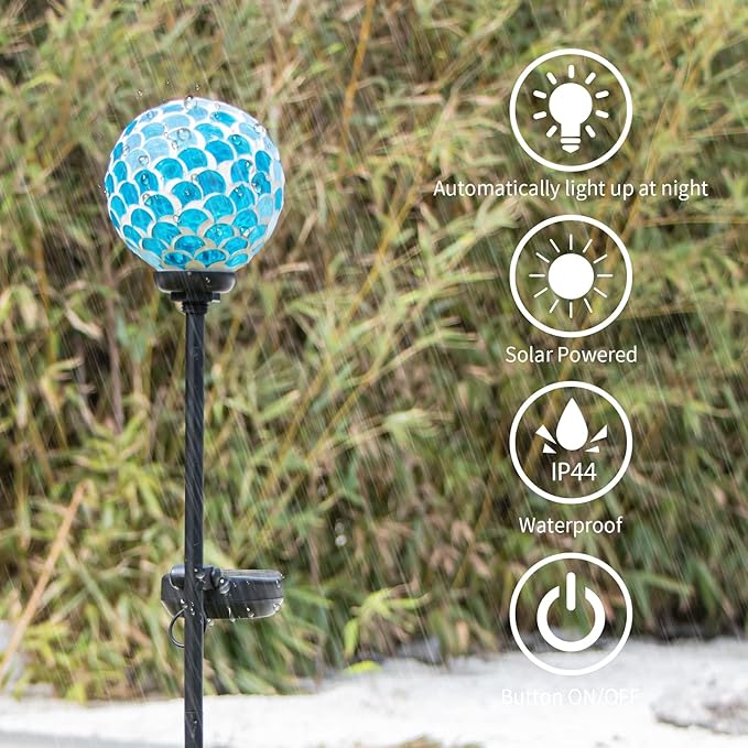 VCUTEKA Solar Lights - Outdoor Garden Decor Mosaic Solar Pathway Light Waterpoof LED Stake Light for Landscape Lawn Patio Yard Decoration (Blue) 1 Pack