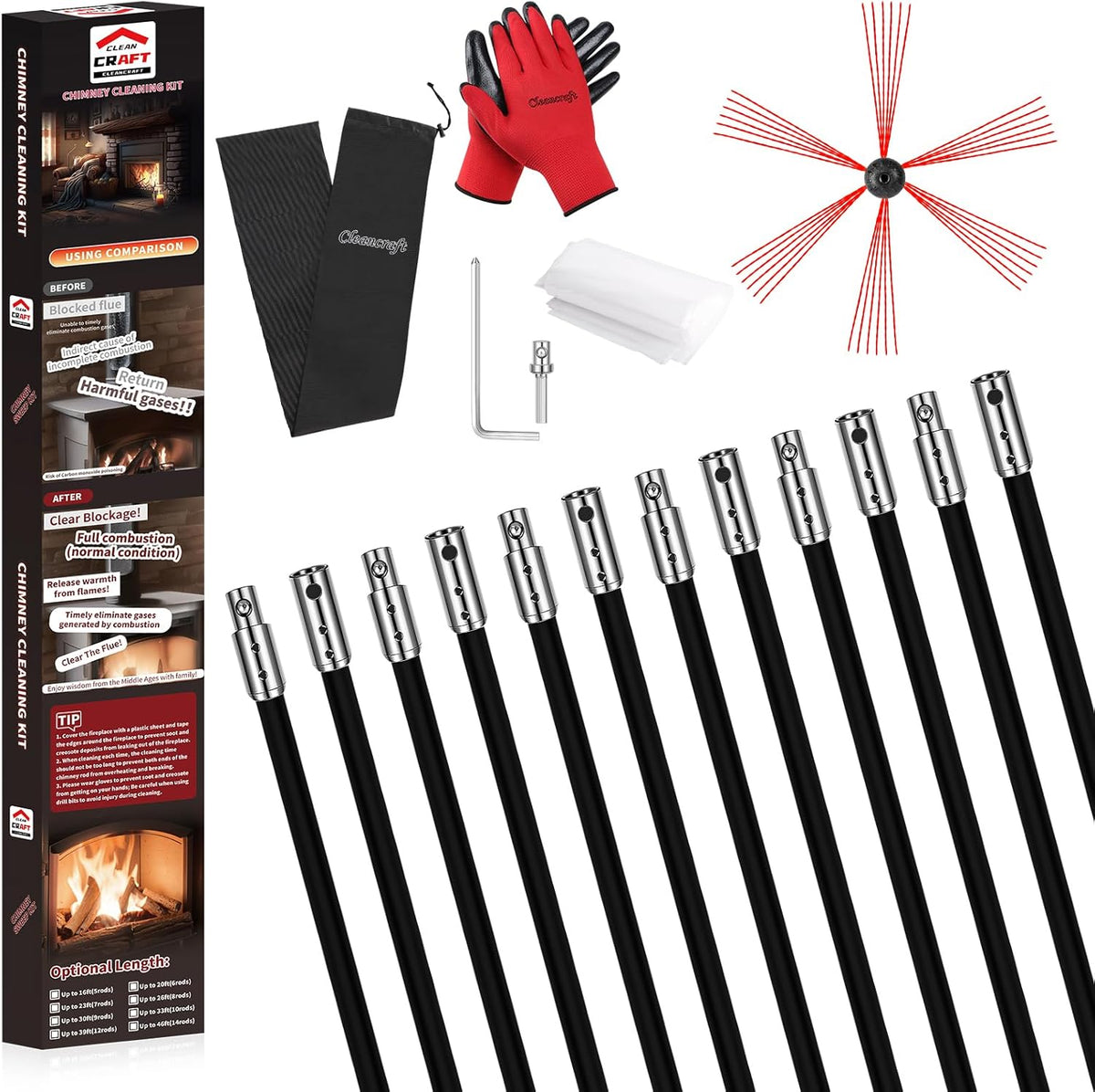 39 Feet Chimney Sweep Kit, Chimney Cleaning Kit with 12 Flexible Black Chimney Rods, Chimney Brush for Sweeping Fireplace, Rotary Chimney Cleaning System Driven by Drill