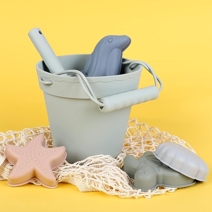 BLUE GINKGO Silicone Beach Toys - Modern Baby | Travel Friendly Set Bucket, Shovel, 4 Sand Molds, Bag for Toddlers, Kids Green