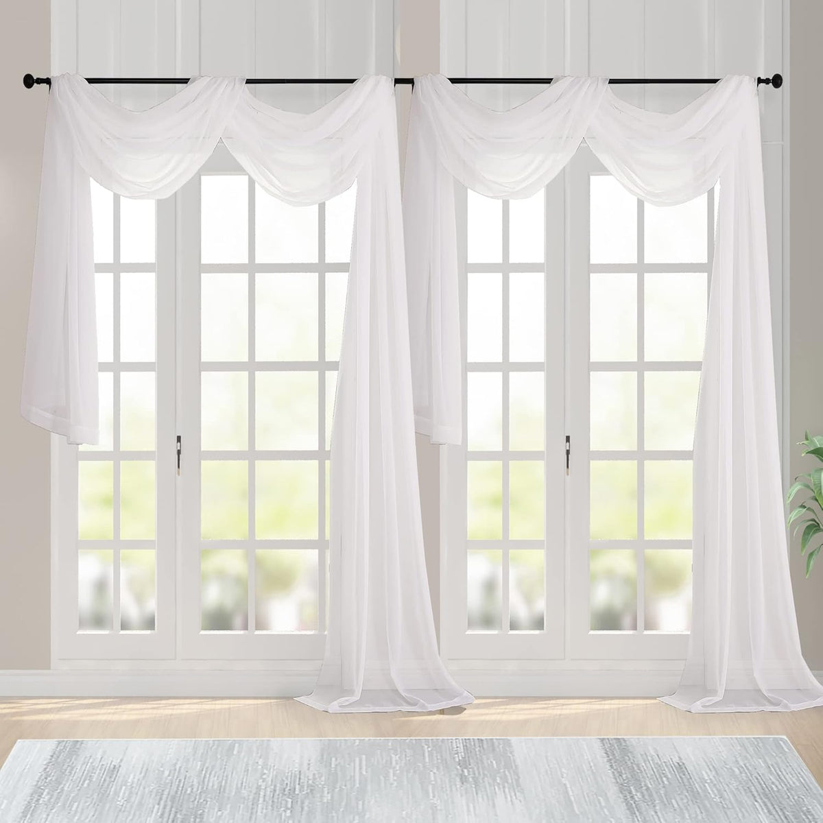 Chyhomenyc Ivory Sheer Scarf Valances for Windows 216 Inch Extra Long, Window Scarf Drapes Rod Pocket Backdrop for Wedding Arch Draping/Party/Canopy Bed/Living Room, 2PC, 18 Feet Length