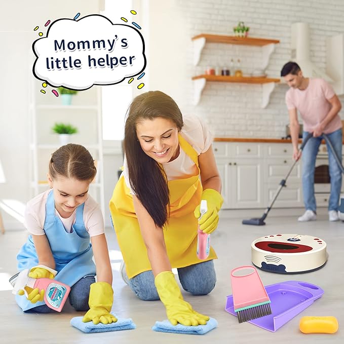 Kids Cleaning Set for Toddlers, 10 Pcs Pretend Play Educational Set Includes Kids Vacuum That Really Works with Lights & Low Noise, Broom, Spray Bottle and More