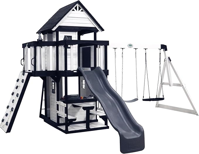 Backyard Discovery Canyon Creek White Cedar Wood Swing Set with Wave Slide, Clubhouse, Play Kitchen, Picnic Area, Belt Swings, Web Swing, Rock Wall, Balconies, Playhouse, Step Ladder, Outdoor Playset