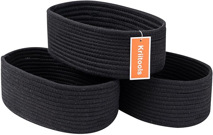 Shelf Storage Baskets for Organizing|Cute Basket for Closet&Blanket Storage|Small Woven Baskets to Store Toys,Books,etc.-13x8.66x5.11’’ Cotton Rope,Stylish,Oval 3 Packs Black