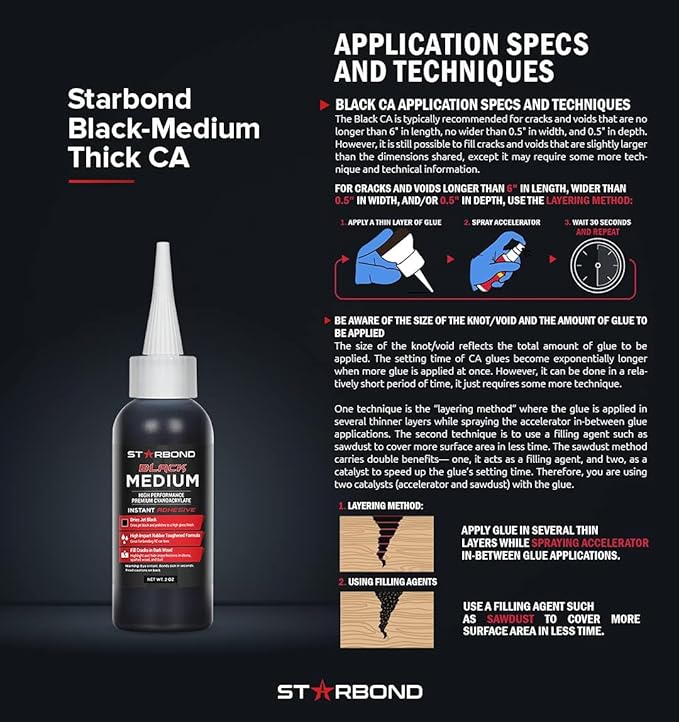 STARBOND Black Medium-Thick CA Glue, Premium Cyanoacrylate Super Glue, Knot Filler 500 CPS Viscosity, for Woodworking, Woodturning, Carpentry, Guitar, RC, Hobby, 2oz