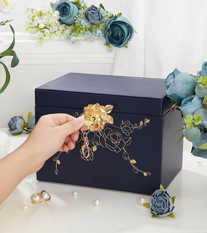 Jewelry Box with Lock for Girls: Jewelry Organizer for Dresser - 3-Drawer Earrings Storage Girls Women Gift (Dark Blue