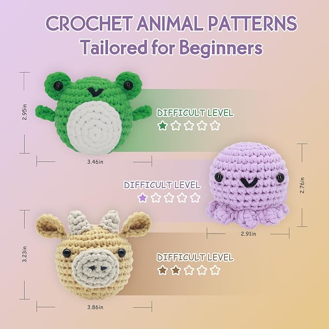 Crochet Kit for Beginners - Knitting Kit for Adults & Kids | Learn to Crochet Animals Frog Octopus Cow with Step-by-Step Video Tutorials