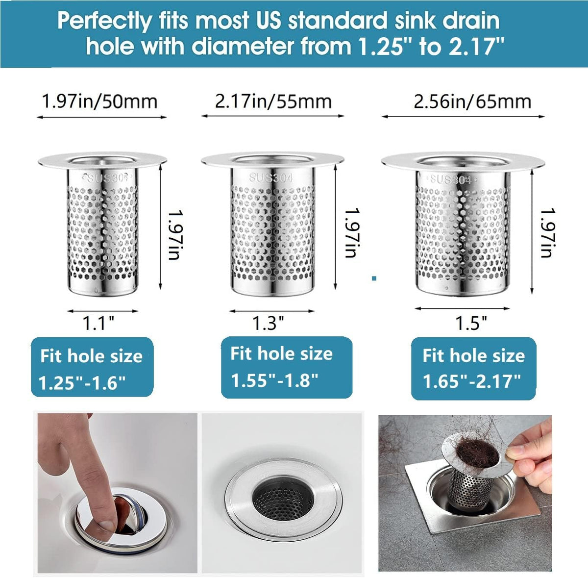 Hair Catcher Shower Drain, Bathtub Drain Cover, Deep Stainless Steel Sink Strainer for Bathroom Sink Bathtub Shower Floor Drain, Fit Hole Size from 1.25in to 2.17in(3-Pack)