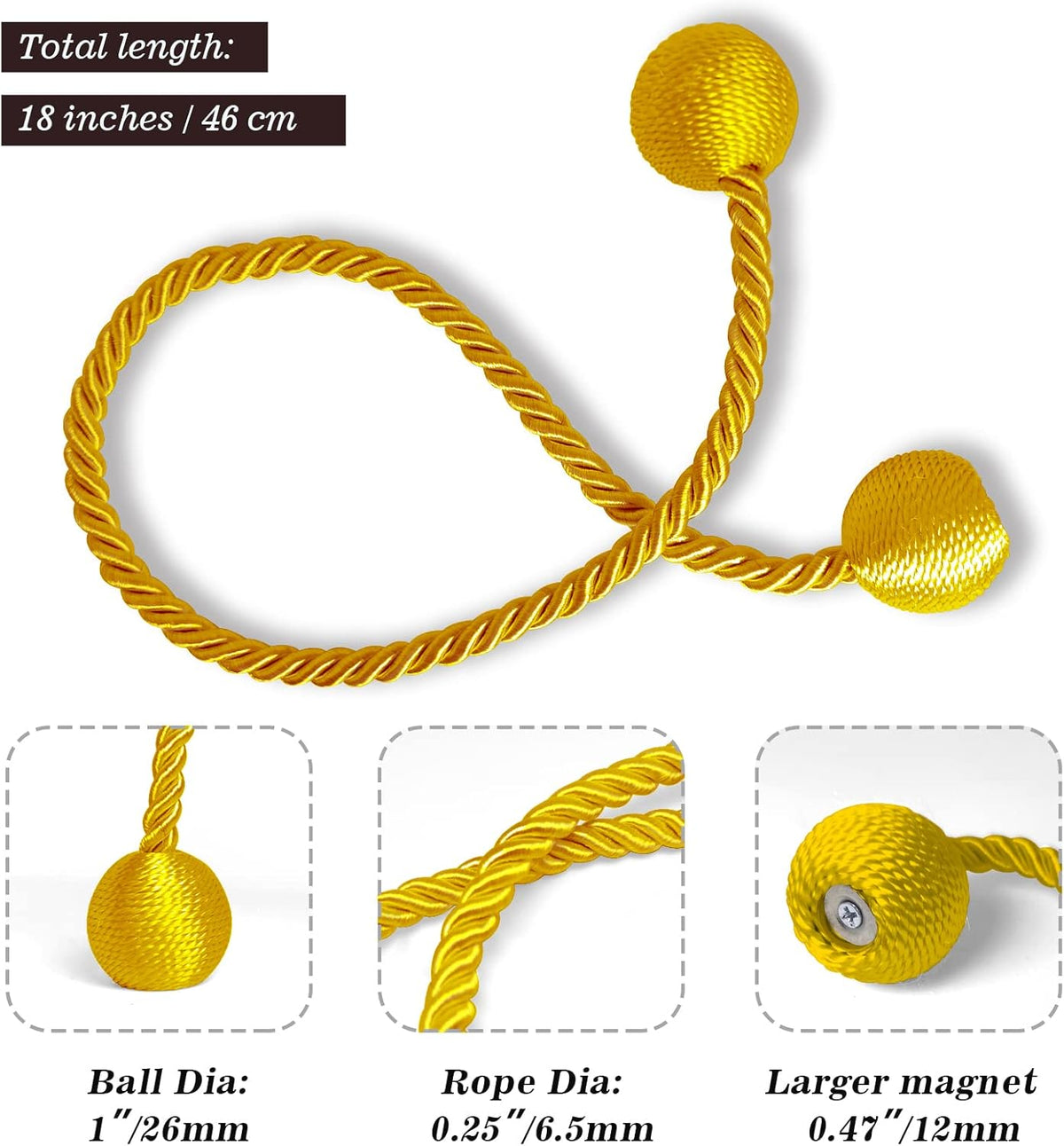 Hion Magnetic Curtain Tiebacks Golden 2pcs, Curtain Tiebacks Buckles Holdbacks Holders Hooks Clip for Home Bedroom Office Decorative Curtain