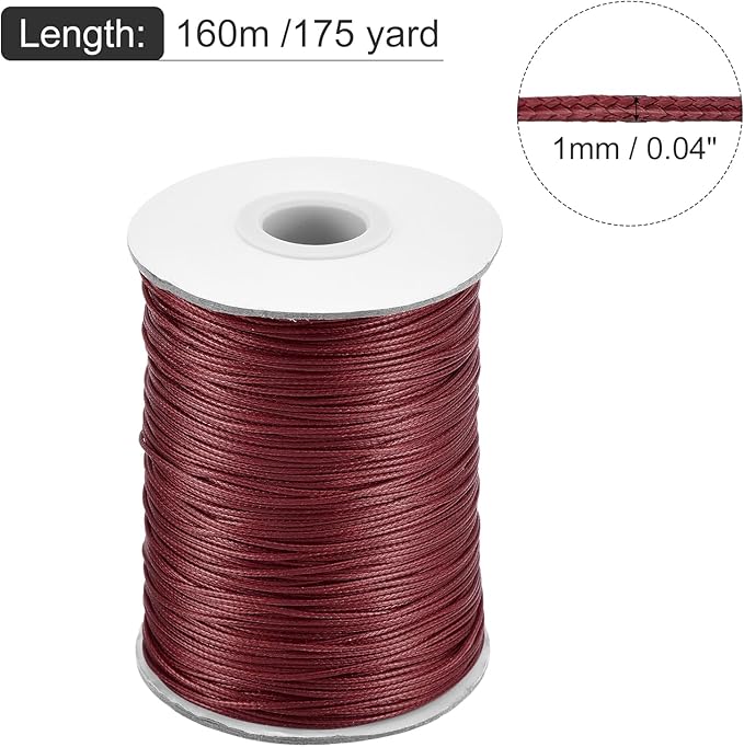 MECCANIXITY Waxed Cord 1mm Waxed Polyester Cord 175 Yard Wax String for Bracelet Making,Necklaces, Beading,Jewelry Making and DIY Crafts(Dark Red)