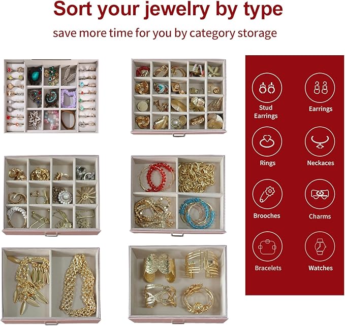 BOOVO Jewelry Box For women, 6 Layer Large Jewelry Organizer With Mirror, Multi-Function Storage Box With Lock, Accessory Holder With 5 Drawers, For Earrings Necklace Ring Bracelet (Rose Gold)