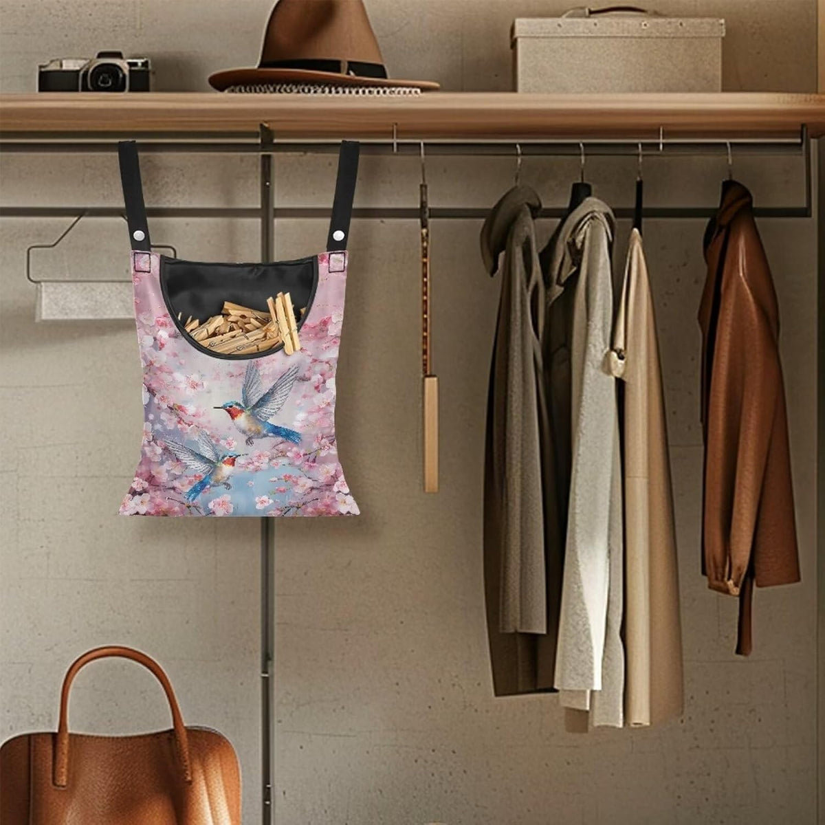 2 Pcs Pin Bag, Hummingbird Print Clothes Pin Hanging Bag Clothespin Storage Organizer with Large Opening Storage Organizer Space-Saving Laundry Hanging Bag