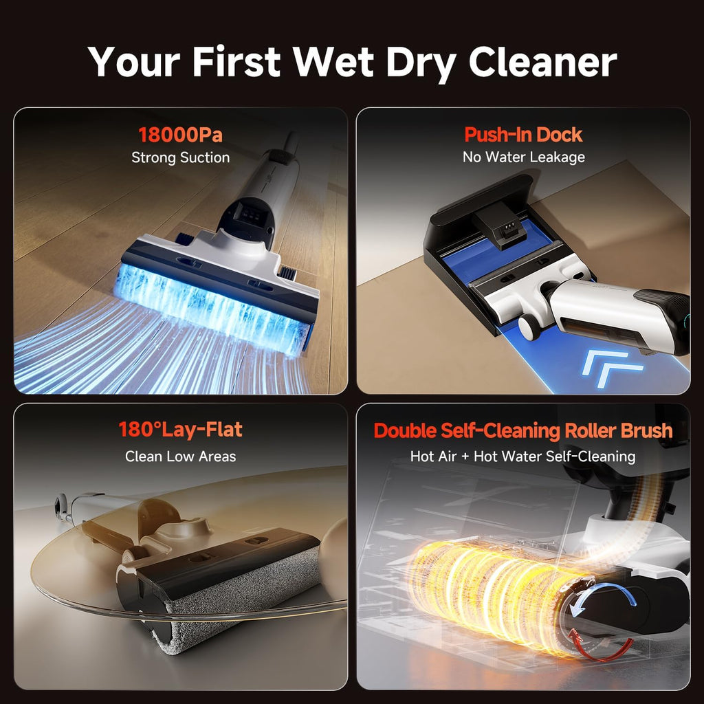 uwant D100 Wet Dry Vacuum Cleaner 180°Lay-Flat Vacuum Mop All in One with 18000Pa Suction Auto Self-Cleaning Anti Odor Stick Pushin Mop Dual-Edge Cleaning Electeic Mop Set for Hard Floor/Carpet,Milky