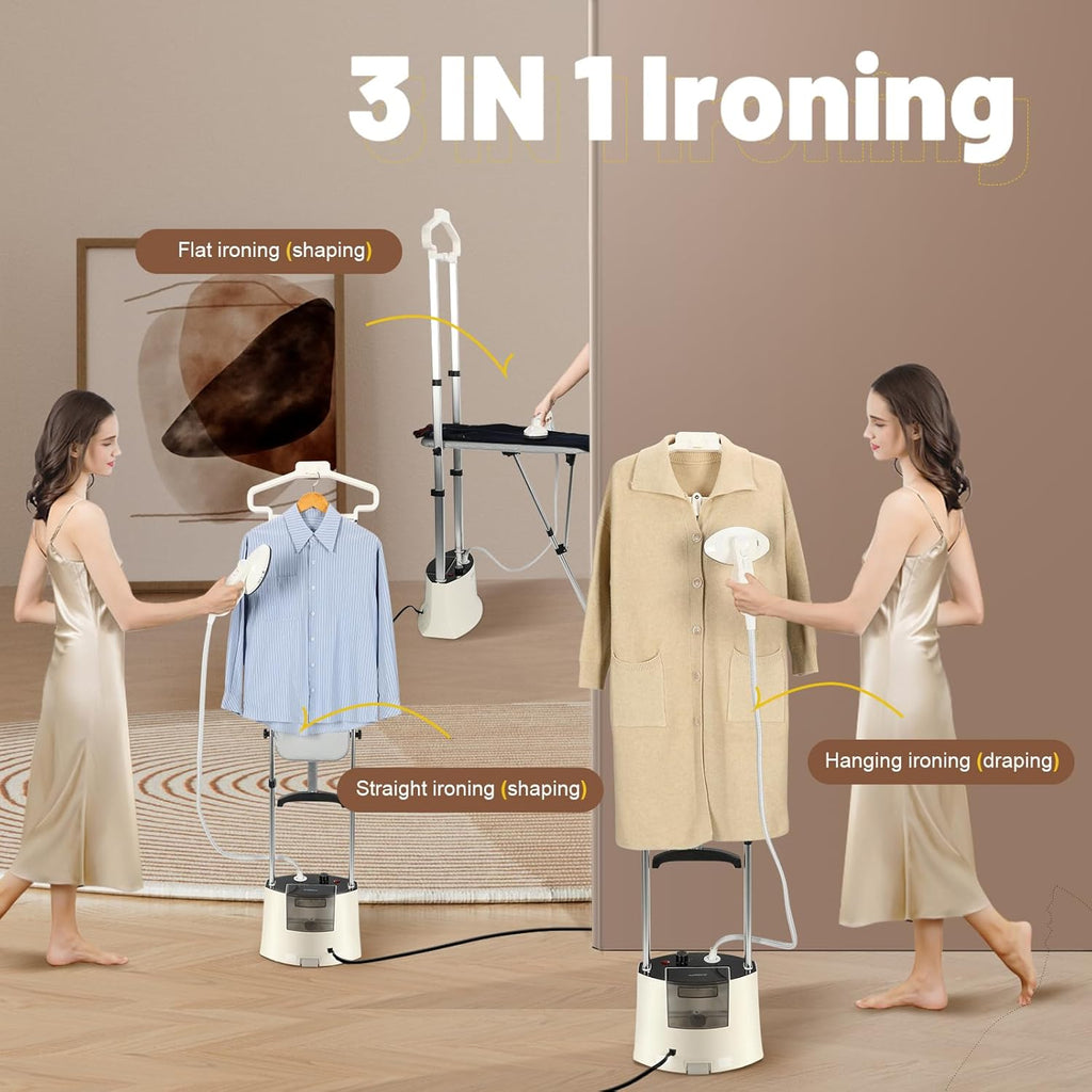Standing Garment Steamer 1500W Professional Steamer for Clothes 25s Fast Heat-up with Rotating Ironing Head 1.6L/54 fl.oz Water Tank, Self-cleaning Function, Foldable Ironing Board, Ironing Gloves