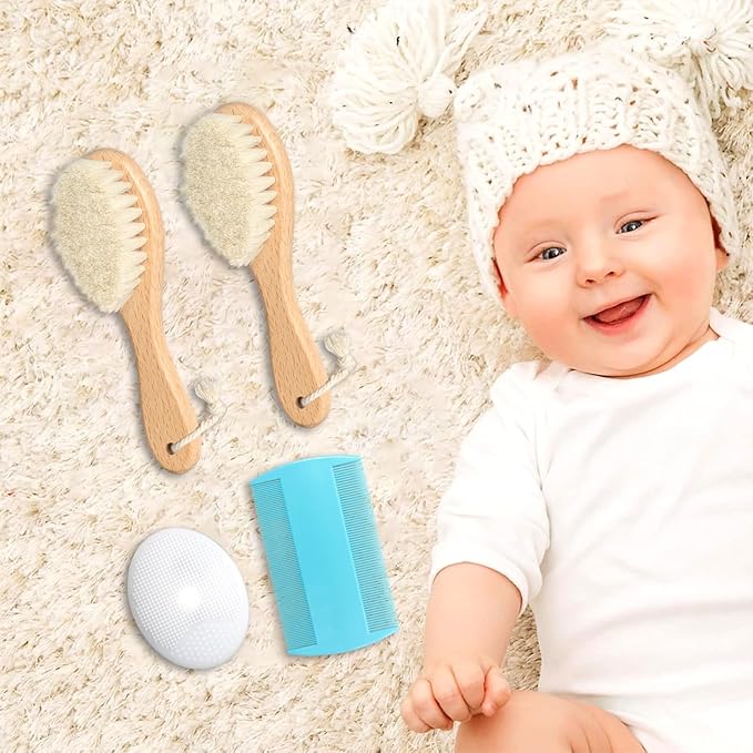 Baby Hair Brush and Comb Set, 2pcs Wooden Natural Goat Bristles Brush+ Blue Comb+ White Cradle Cap Brush Grooming Kit for Newborns Toddlers Boys Girls