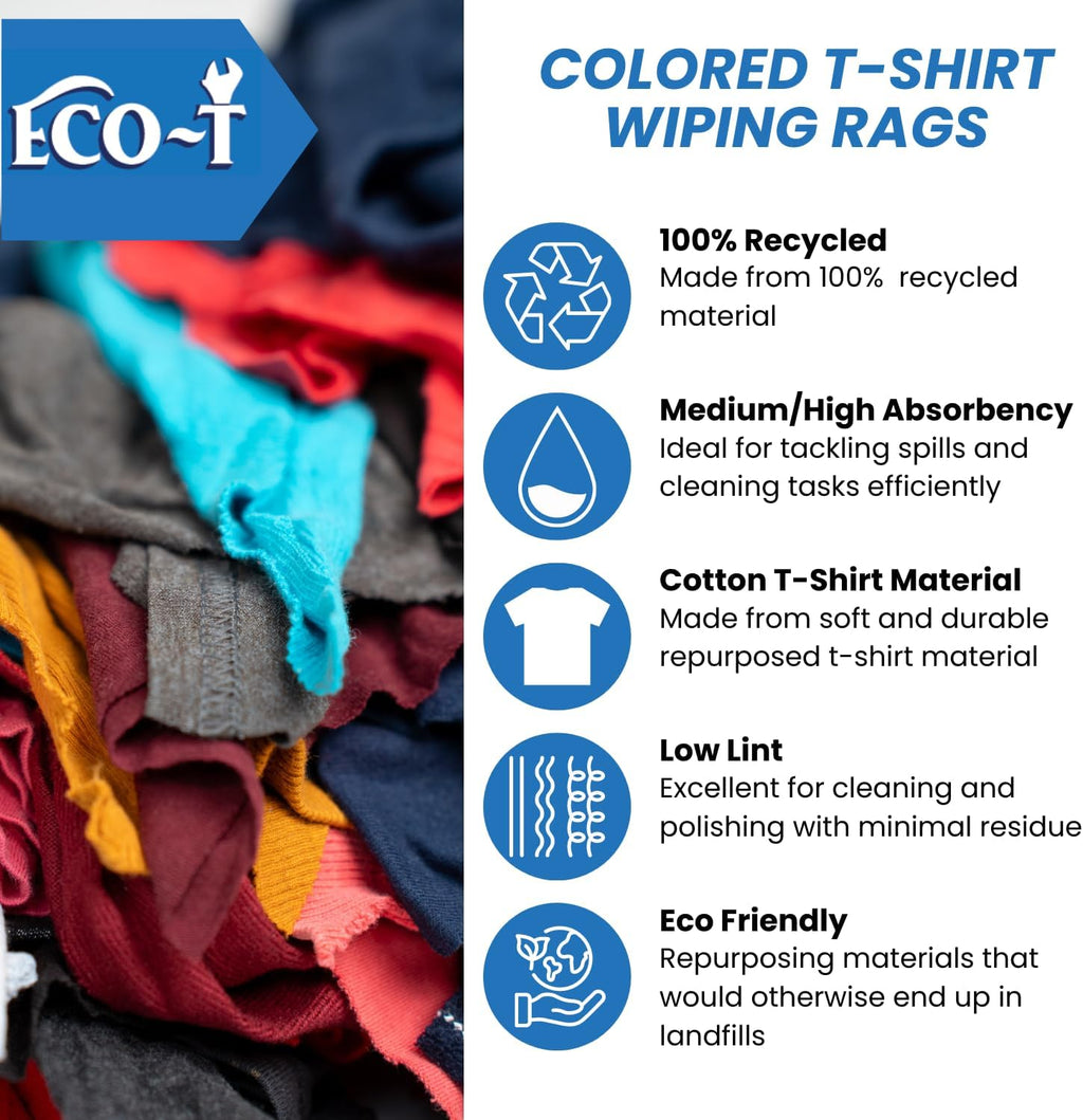 6 x 4 Lb Bags (24 Lbs) Eco-T Mechanic Shop Rags - Colored T-Shirt Material, 100% Recycled, Eco-Friendly, High Absorbency, Low Lint, Low-Cost, Industrial Use Wiping Cloth