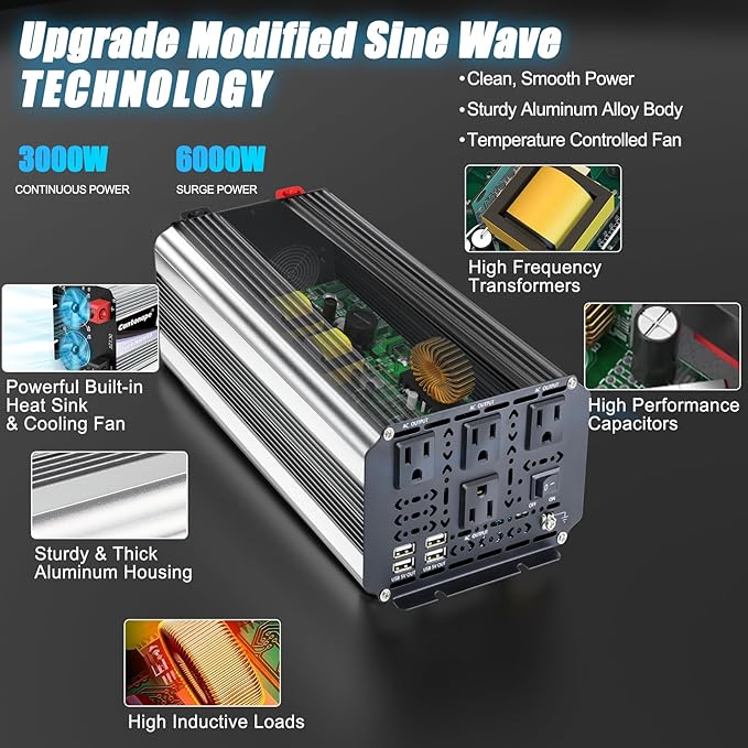3000W Power Inverter 24V to 110V/120V DC to AC with LCD Display, Remote Controller and 4 x AC Outlets Car Adapter for Car Truck Boat RV Off Grid Solar System