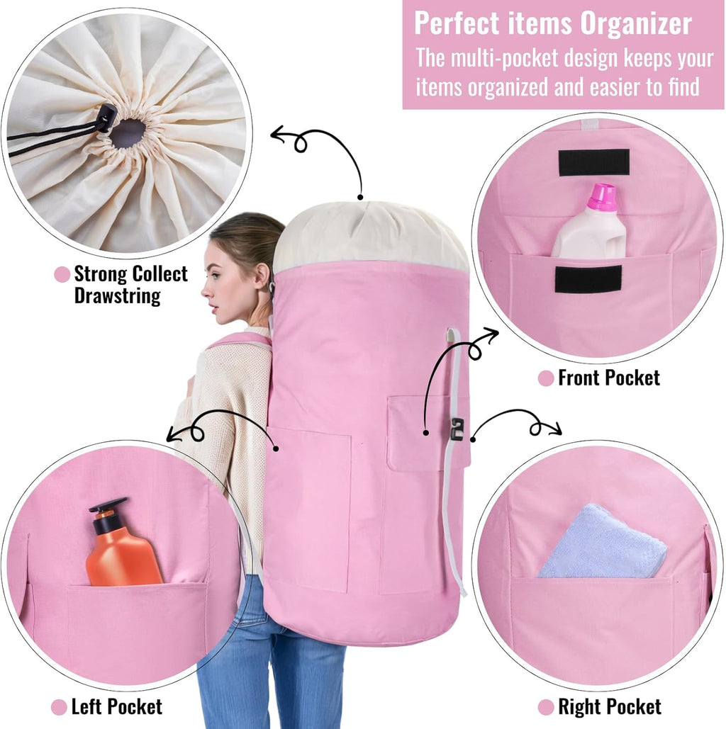 Laundry Bag Backpack, 125L Extra Large Travel with Shoulder Straps, Adjustable & Extendable Design, Laundry Hamper Bag with 3 Pockets for Laundromat, College, Travel, Camping (Pink)