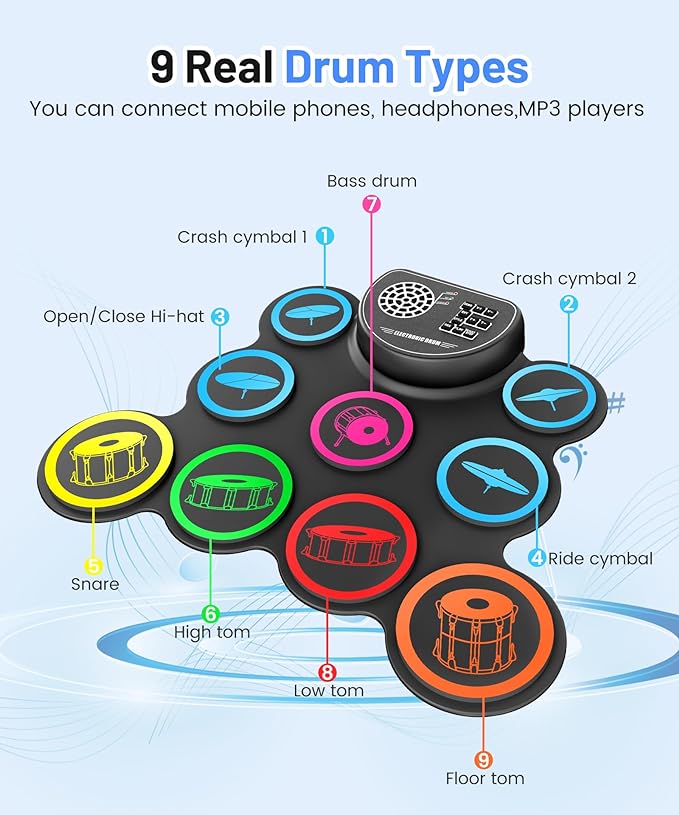 Electronic Drum Set, 9-Drum Practice Pad with Headphone Jack, Roll-up Drum Kit Machine with Built-in Speaker Drum Pedals and Sticks 10 Hours Playtime, Great Christmas for Kids
