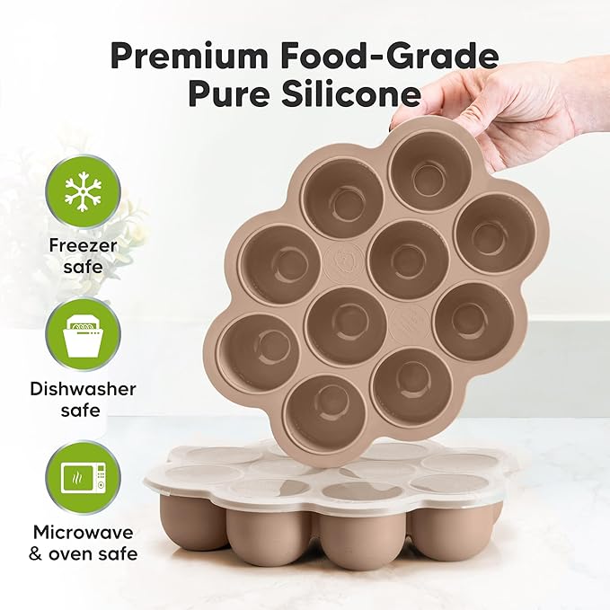KeaBabies Silicone Food Freezer Trays with Lid, 2oz x 10 Pods Baby Food Storage Containers, Easy Puree Meal Prep, Breast Milk Silicone Freezer Molds, Dishwasher, Microwave Safe,BPA-Free(Chai Latte)