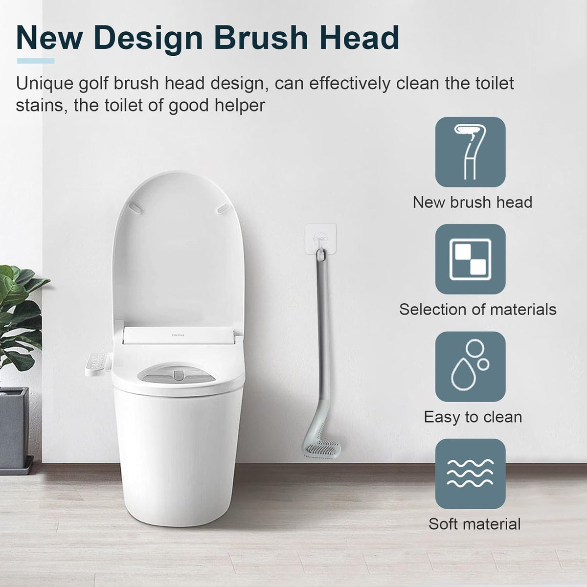Golf Toilet Brush, Toilet Cleaning Brush, Flexible Bendable Silicone Long Handled Toilet Brush, 360° Deep Toilet Bowl Cleaning Brush,Quick Drying Toilet Brush for Bathroom with a Hook (Gray)