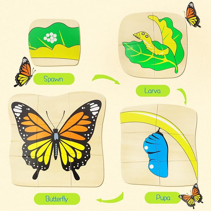Montessori Wooden Puzzles for Kids Ages 4-8, 4 Layer Life Cycle of Butterfly Jigsaw Puzzle for Toddlers, Children Preschool Learning Educational Puzzles Spring Toys Gift for Boys and Girls (Butterfly)