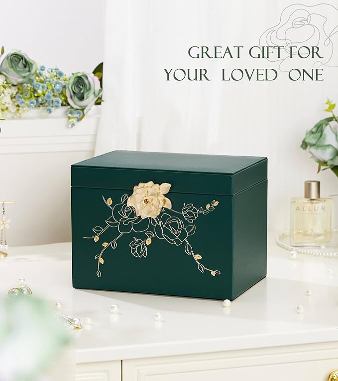 Jewelry Box with Lock for Girls: Jewelry Organizer for Dresser - 3-Drawer Earrings Storage Girls Women Gift (Dark Green)