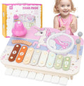 Kids Piano Musical Toys - 5 in 1 Wooden Music Instruments Montessori Toys for Baby Toddler, Sensory Toys with Drum Xylophone, Preschool Educational Toys, Birthday Gifts for Girls Boys Pink