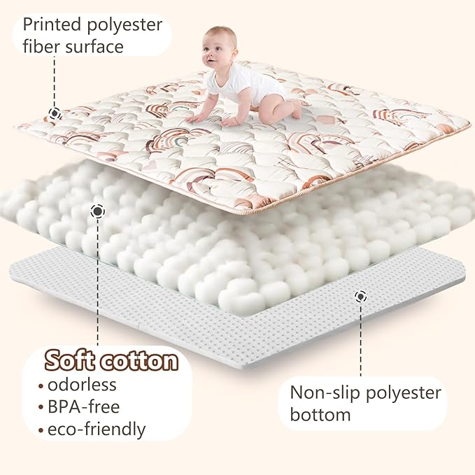 Baby Play Mat, 50x50 Playpen Mat with Super Soft Touch, Activity Mat with Upgraded Anti-Slip Bottom, Machine Washable Crawling Mat for Floor & Picnic(Boho Rainbow)