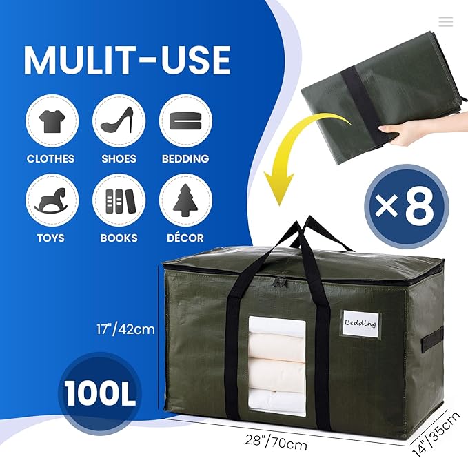 TAILI 8 Pack Green Extra Large Storage Bags, Heavy Duty Totes with Visible Window, Wrap Around Handles, Perfect for Moving