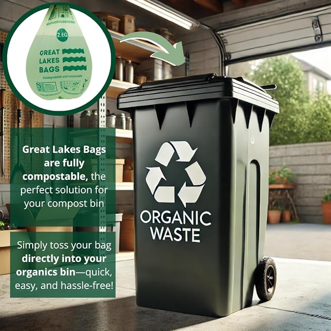Great Lakes 2.6 Gallon Compostable and Biodegradable Trash Bag, 100 Count, Small Compostable Bag For Kitchen Food Scrap, Bathroom, Office, Certified by BPI and OK Compost Home