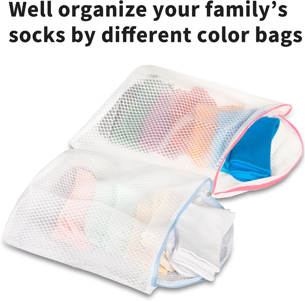 3Pcs Hanging Laundry Bags for Socks with S Hooks, 12 X 10 inch 3 Color Mesh Laundry Bags for Washing Machine