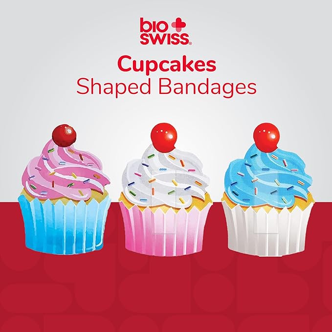 BioSwiss Bandages, Cupcake Shaped Self Adhesive Bandage, Latex Free Sterile Wound Care, Fun First Aid Kit Supplies for Kids, 24 Count
