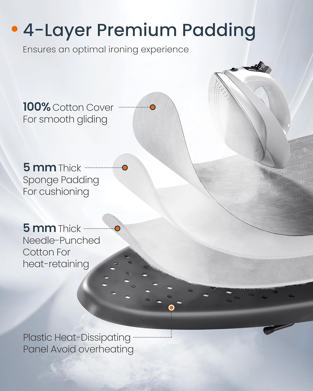 SONGMICS Ironing Board, Foldable Iron Board, Height Adjustable up to 35 Inches, with 4 Layered Cover and Pad, Iron Rest, Hook, Steel X-Legs, for Home, Laundry Room, Dorm, Dove Gray ULLB001G01