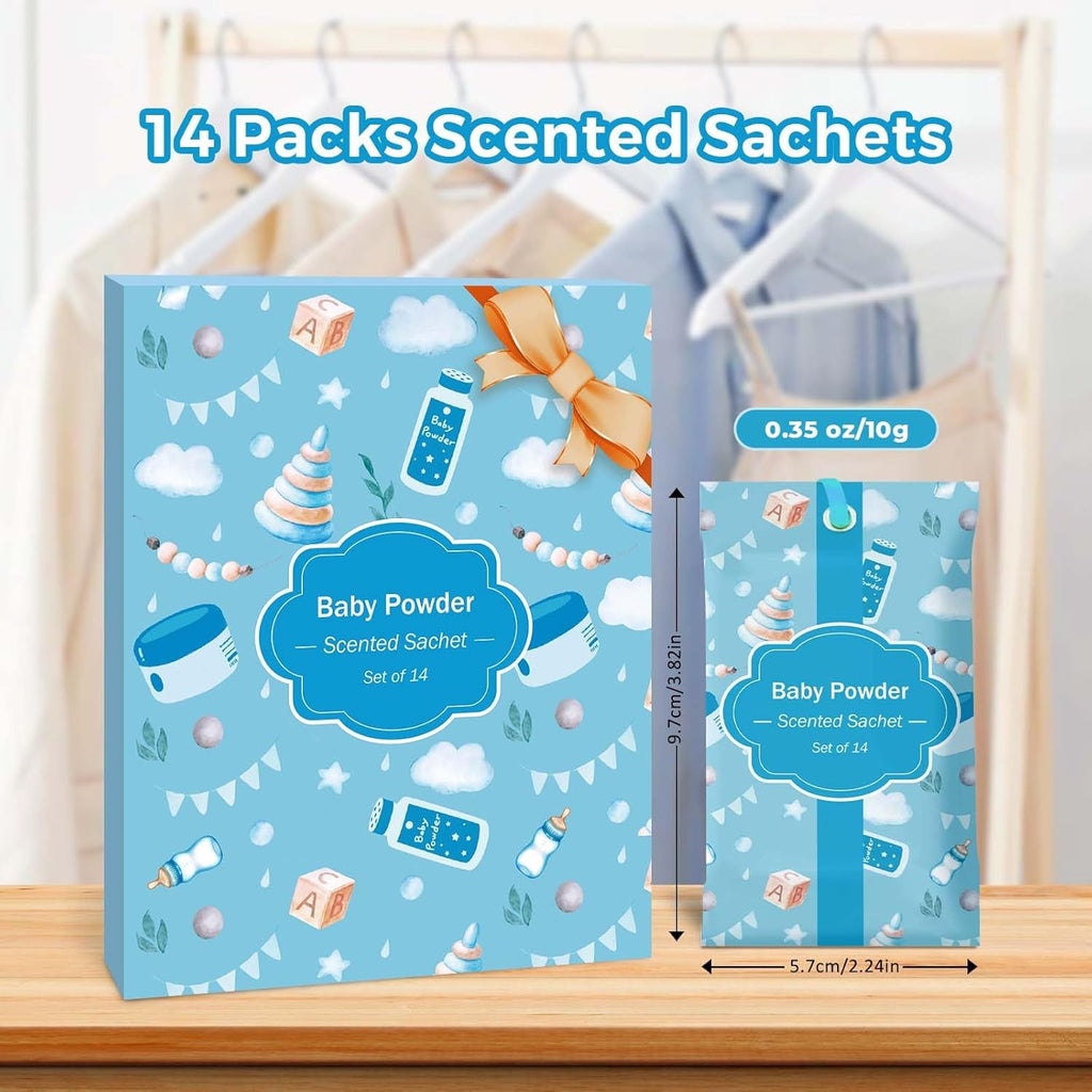 SCENTORINI Scented Sachets for Drawers and Closets, Baby Powder Scent 14 Pack, Long-Lasting Sachets Bags Wardrobe Freshener, for Drawers, Closets, Cars