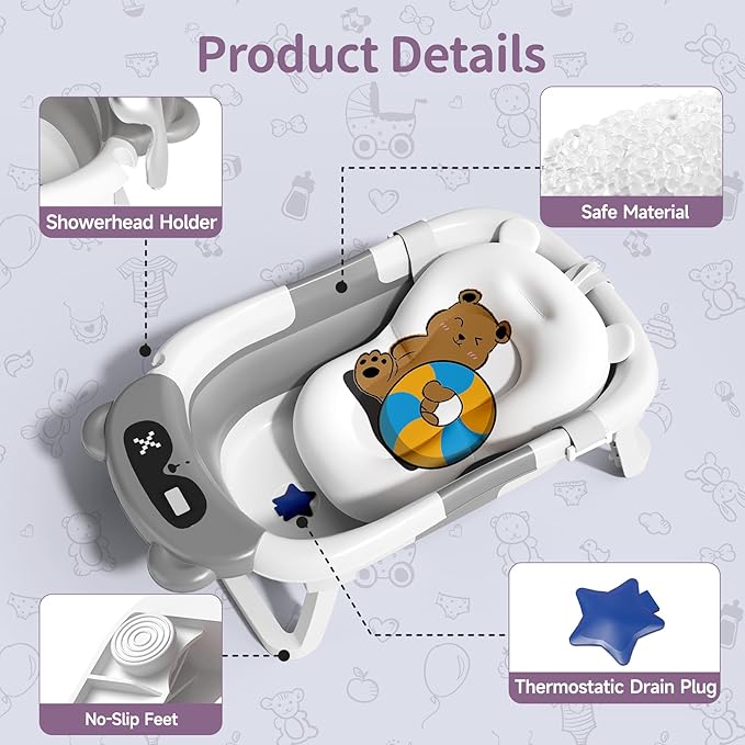 Collapsible Baby Bathtub for Newborn to Toddler (0-18 Month) - Portable Baby Bath Tub for Travel, Newborn Bathtub with Soft Towel and Floating Cushion (Gray)