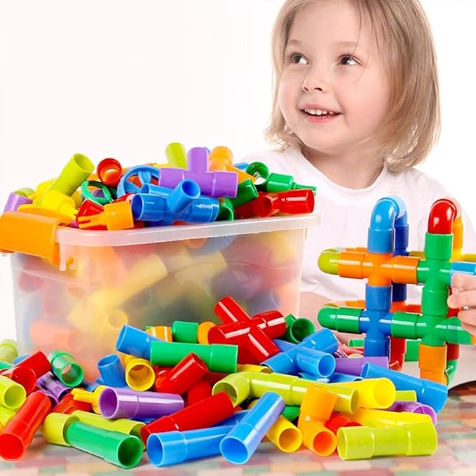 ZOZOPLAY STEM Learning Toy Tubular Pipes & Spouts & Joints 64 Piece Build Bicycle, Tank, Scootie, Moter Skills Endless Designs Educational Building Blocks Set for Kid Ages 3+ Multicolor