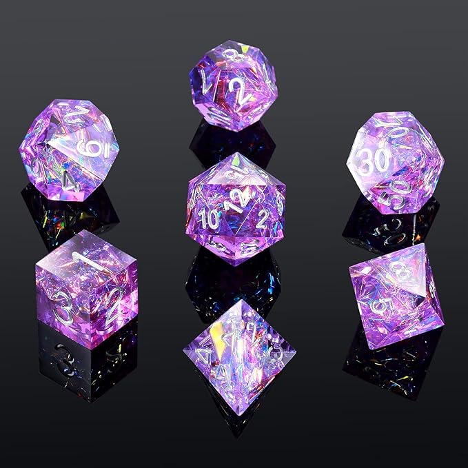 DNDND Sharp Edge Dice Set,Handmade 7 Piece DND Dice with Gift Case for DND Dungeons and Dragon Game (Purple with Silver Number)