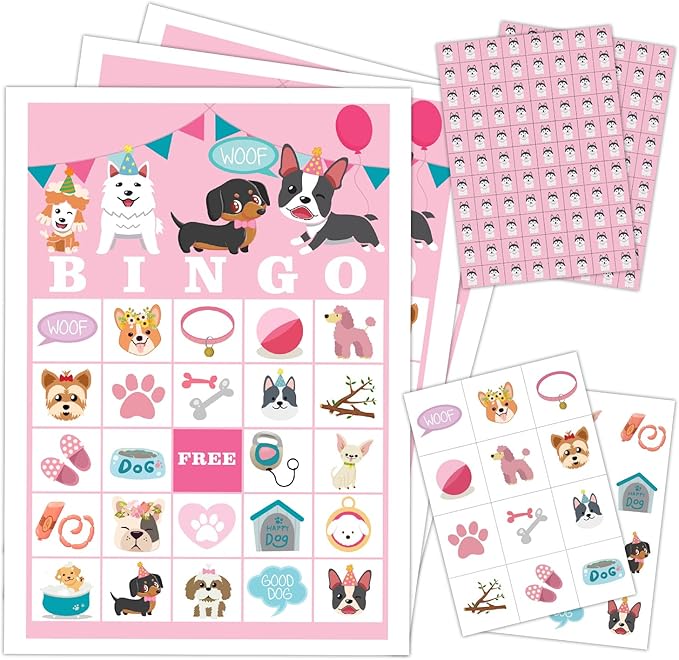 Puppy Dog Party Bingo Game Cards(24 Players), Animal Themed Bingo Card for Family Friend Adult, Large Group Holiday Doggie Party Activity Favor Decoration Supplies -004