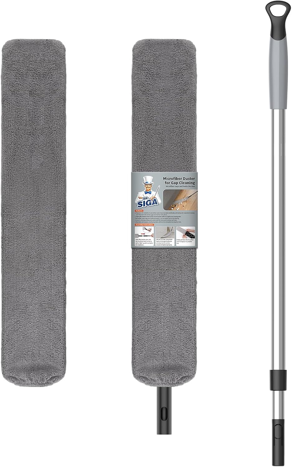 MR.SIGA Flexible Microfiber Long Duster for Gap Cleaning, Stainless Steel Adjustable Handle, Washable Gap Cleaning Duster Gray