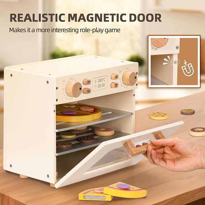 OOOK Wooden Kids Oven, Pretend Play Oven for Toddlers with DIY Stickers, Kitchen Play Set Accessories with Push-Pull Baking Tray. Ideal Choice for Boys and Girls Aged 3+