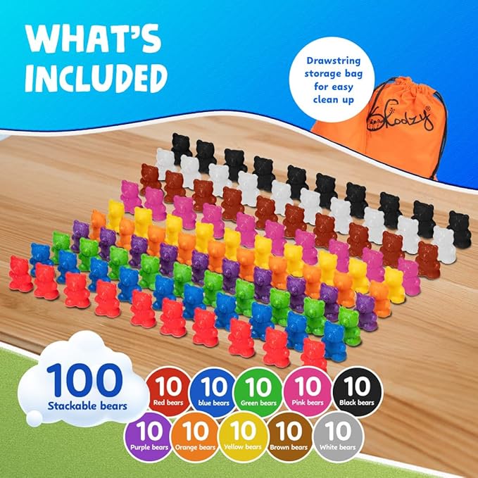 Skoolzy Stackable Counting Bears Color Sorting Toys for Toddlers 100 pc - Montessori Toddler Sorting Toys, Sorting Games, Teaching Counting Toys for Toddlers 3+, Manipulatives for Preschoolers