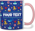 Personalized Mug for Kids - Nautical - Custom Name/Text, Ceramic Hot Chocolate/Cocoa/Coffee Cup for Boys/Girls, Birthday/Christmas/Holiday Gift - 11 oz, Pink Handle