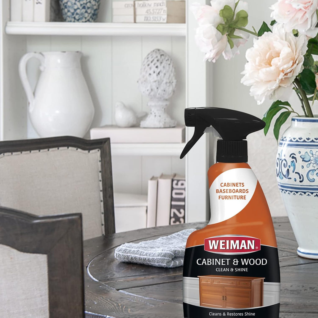 Weiman Cabinet and Wood Cleaner, Shine, Clean and Protect Spray - For Wood Cabinets, Furniture, Tables, Baseboards, Trim and more, 16 oz, 2 PACK with MicroFiber Towel