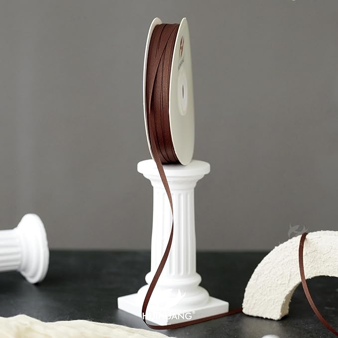 HUIHUANG Solid Color Satin Ribbon 1/8 inch x 100 Yards Roll Ribbon for Crafts (Brown)