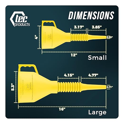 TEC Products FlexAll Long Flexible Funnels - Automotive Oil Funnel with Hose, Durable Nitrile Rubber for Oil Change, Transmission Funnel Fluid, Diesel, Fuel, Gas - Made in USA - Yellow (12 x 4 Inches)