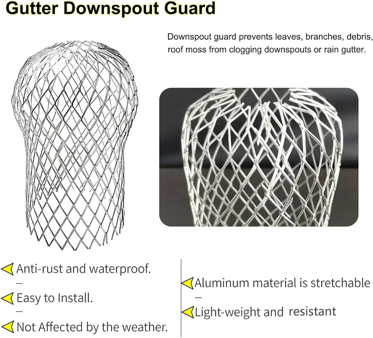 6 Pack Downspout Guard Filter, Gutter Downspout Guard Gutter Guard Strainer Mesh Aluminum Expandable Gutter Screen, Gutter Protector from Leaves Debris Clogging
