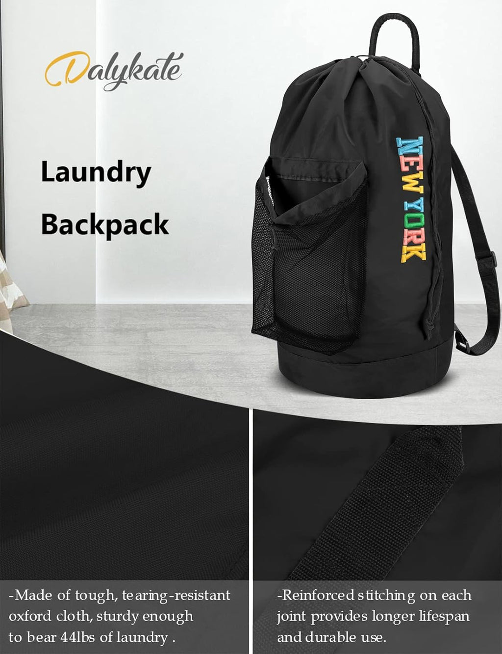 Dalykate Backpack Laundry Bag, Laundry Backpack with Shoulder Straps and Mesh Pocket Nylon Clothes Hamper Bag with Drawstring Closure