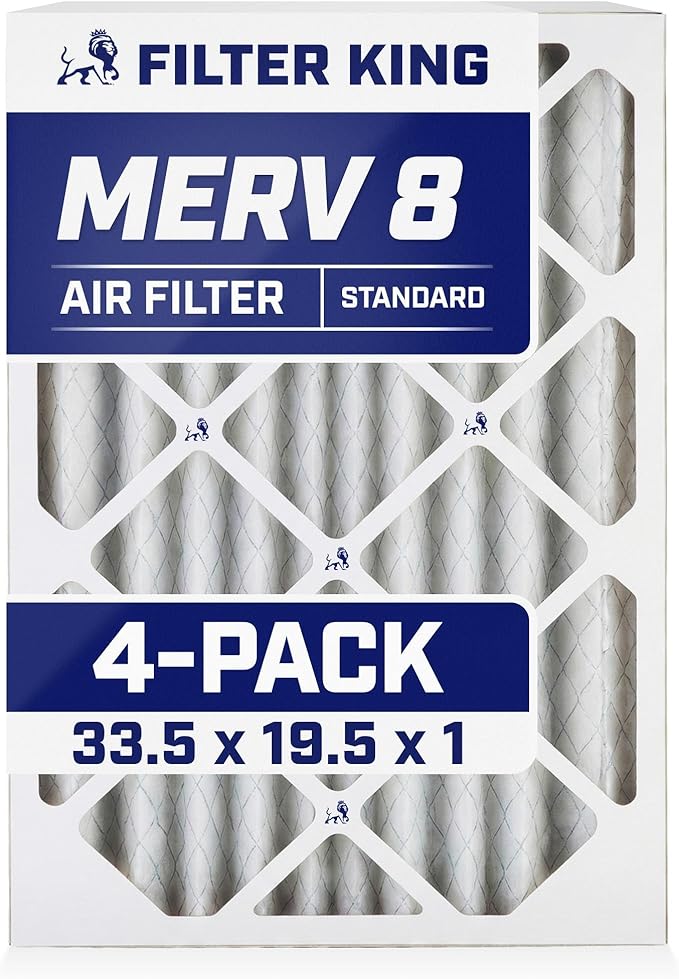 Filter King 33.5x19.5x1 Air Filter | 4-PACK | MERV 8 HVAC Pleated A/C Furnace Filters | MADE IN USA | Actual Size: 33.5 x 19.5 x .75"