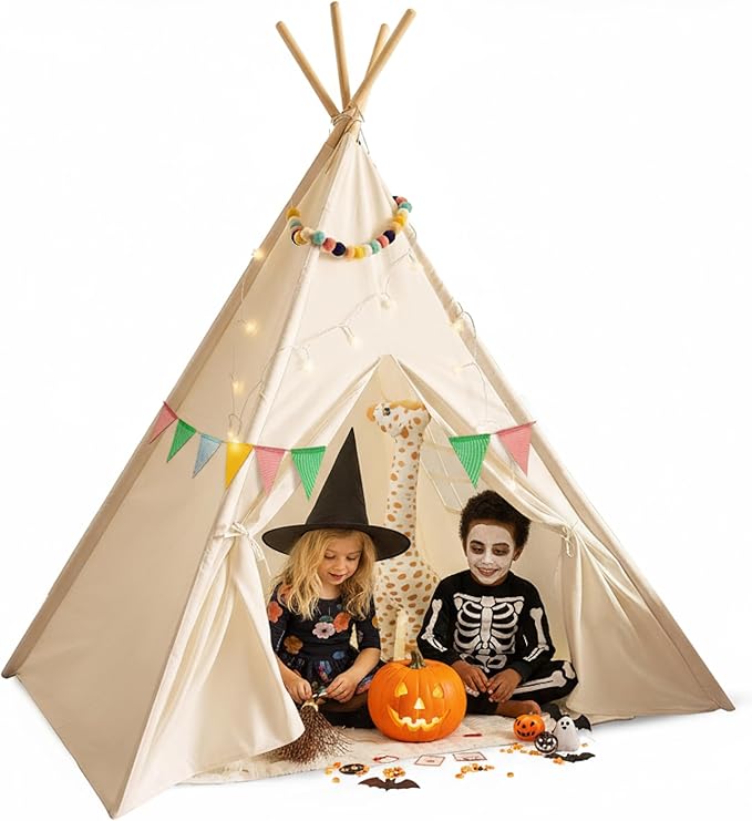PLAYVIBE Teepee Tent for Kids - Castle Theme Indoor & Outdoor Playhouse with LED Star Lights - Halloween Party Tent, Cozy Fall Decor & Toddler Toy Fort