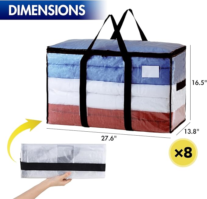 TAILI Extra Large Moving Bags, 8 Pack Clear Heavy Duty Totes For Storage with Visible Window, Wrap Around Handles, Storage Bags for Space Saving, Alternative to Moving Boxes